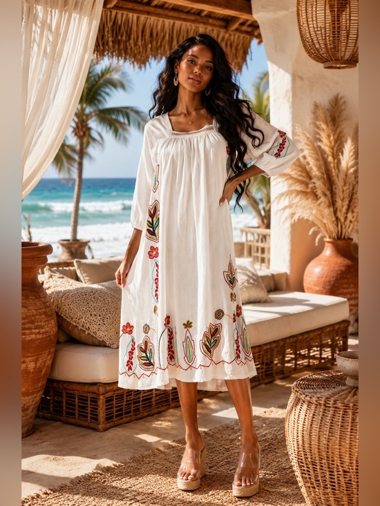 Dresses & Skirts - White Embroidered Boho Midi Dress with Colorful Floral Motifs